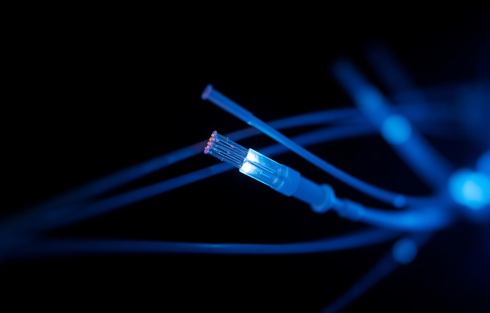 Glowing fiber optic strands carrying cryptographic transaction data
