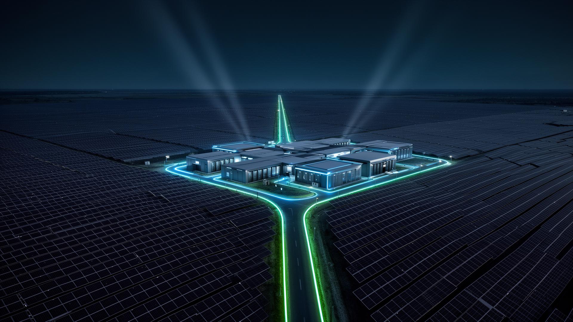 Solar powered data campus at twilight with glowing network paths